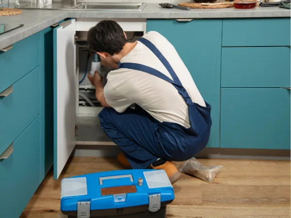 Technician repairing dishwasher under kitchen sink as part of Appliance Repairs in Jacksonville homes