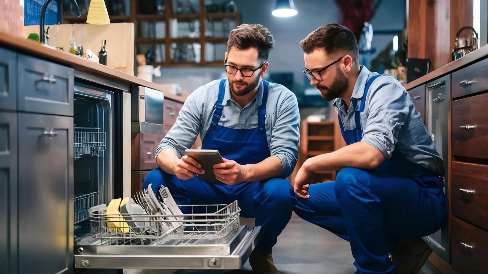 Professional technicians performing Orlando dishwasher repair service in a modern kitchen